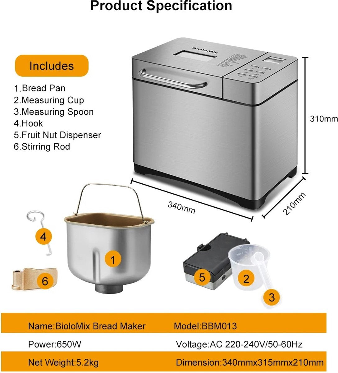 1Kg brood - 3 broodmaten - fruit- en notenmolen - 650W