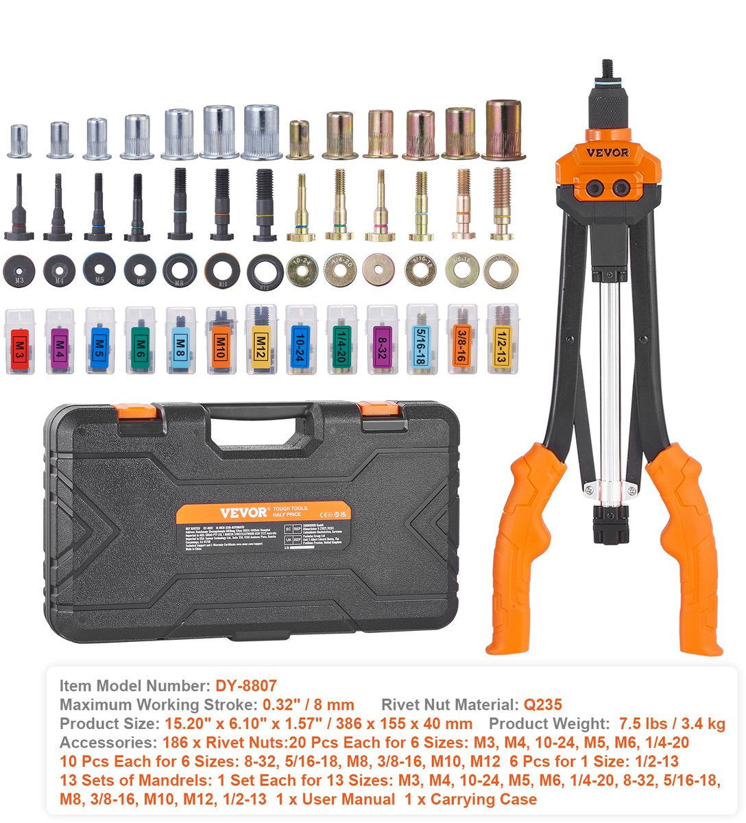 Blindklinkmoertang - Blindklinktang - Geschikt voor Blindklinken Machine - Draadmoeren Blindklinknagels - 13 Stuks - Moeren En Doornen - M3 M4 M5 M6 M8 M10 M12 Handmatig - Zwart - QUORE