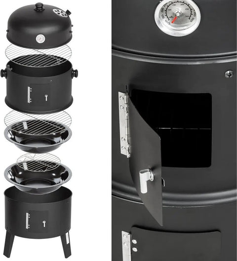 Bbq Roker - Oven - Houtskool Roker - 3 Niveaus - Inclusief Thermometer - Voor Buiten Barbecue - Zwart - 3 in 1