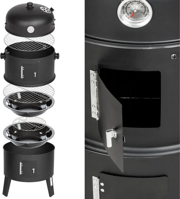 Bbq Roker - Oven - Houtskool Roker - 3 Niveaus - Inclusief Thermometer - Voor Buiten Barbecue - Zwart - 3 in 1