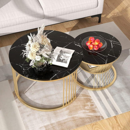 Salontafel – Bijzettafel – Nesting Tafel – Woonkamertafel – Balkon Salontafel – Metaal Frame – Marmerlook – Set Van 2 – Ronde Bladen – Ruimtebesparend – Lichtgewicht