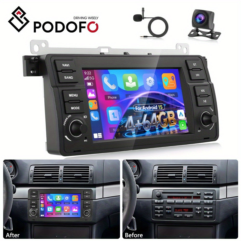 PODOFO [8Core 4G+64G] Android 15 7-inch for BMW E46 1998-2006, Wireless Carplay/ Android Auto, Android EQ AI DSP/ GPS/ WiFi/ B/ T5.0/ FM/ Mirror Link+Backup Camera+Mic, A Perfect Gift for Dad and Drivers, Merry Christmas Gift