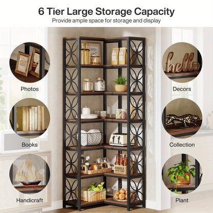 79-Inch Tall 7-Tier L-Shaped Corner Bookcase with Metal Frame - Heavy-Duty Freestanding Storage Shelf, Space-Saving Curved Design, Engineered Wood & Metal Construction, Contemporary Modern Style in Rustic Brown & Black for Li