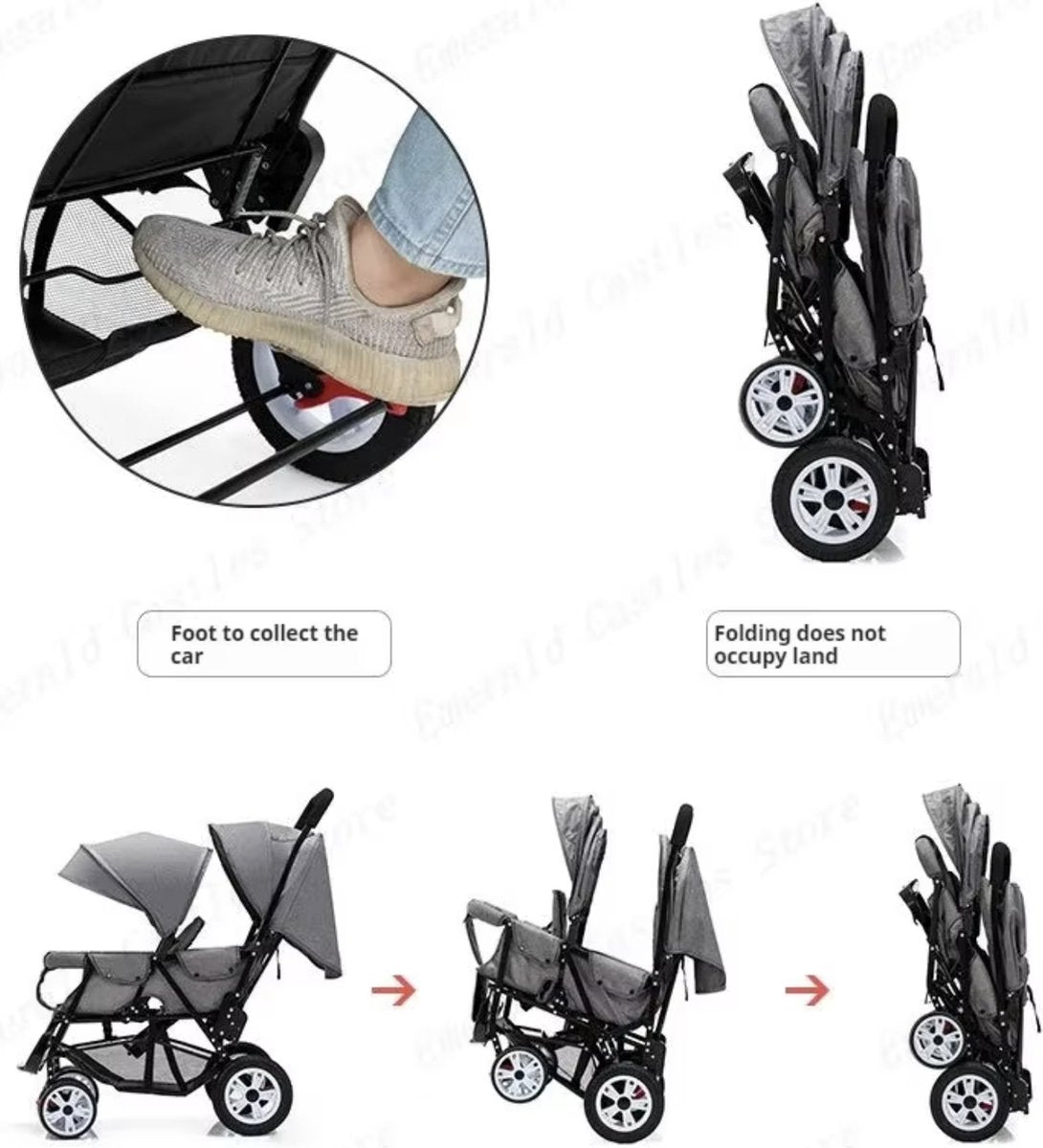 Duo stroller - Duo buggy - Twin stroller - Double stroller - Foldable - With rain cover - Black