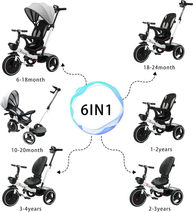 Kinderwagen - Driewieler - Kinderwagendriewieler - Babywagen - Babydriewieler - Babyfiets - Kinderwagenfiets - 6in1 - Verstelbaar - Elk terrein - Leeftijd aanpasbaar - Duwkinderwagen - Afneembaar vangrail - Opvouwbaar - Zonneklep - Hoge Rugleuning