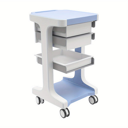 A Three-Tier Storage Cart in Blue And White Featuring Two Drawers, Capable of Holding Up to 49.9 KG. Made from ABS Material, This Mobile Trolley Is Ideal for Use in Beauty Salons, Spas, And Laboratories., For Wardrobes, Pharm