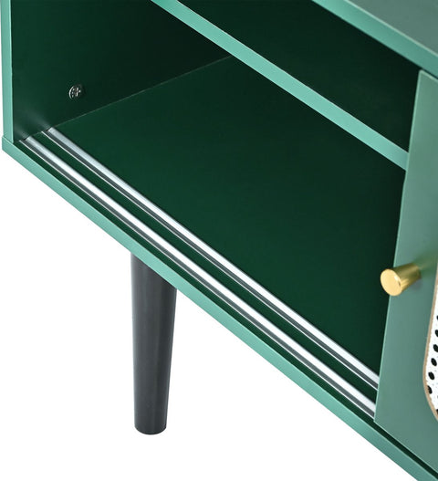 TV-Meubel - Groen met Wit Rotan - met 2 Rotan Schuifdeuren - 2 Laden - 4 Vakken met Verplaatsbare Planken