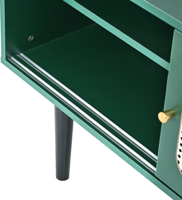 TV-Meubel - Groen met Wit Rotan - met 2 Rotan Schuifdeuren - 2 Laden - 4 Vakken met Verplaatsbare Planken