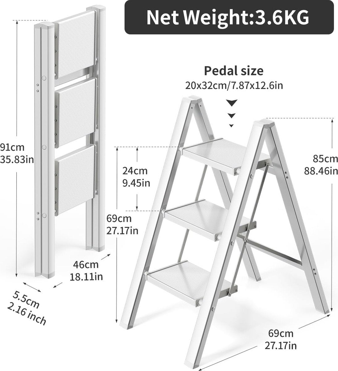 3-staps ladder - aluminium opvouwbaar opstapje - trapladder - 3-staps opvouwbare staande ladder - antislip - maximaal draagvermogen 150 kg - draagbaar lichtgewicht opstapje (zilver-wit)
