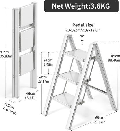 3-staps ladder - aluminium opvouwbaar opstapje - trapladder - 3-staps opvouwbare staande ladder - antislip - maximaal draagvermogen 150 kg - draagbaar lichtgewicht opstapje (zilver-wit)