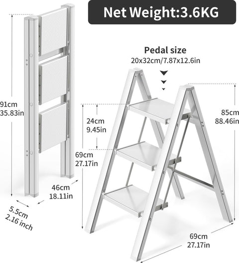 3-staps ladder - aluminium opvouwbaar opstapje - trapladder - 3-staps opvouwbare staande ladder - antislip - maximaal draagvermogen 150 kg - draagbaar lichtgewicht opstapje (zilver-wit)