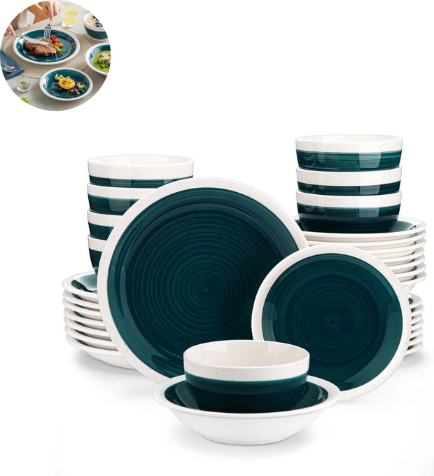 Luxe Serviesset – 32 delig – 8 persoons – Porselein - Bordenset – Dinner platen – Dessertborden - Kommen - Pastabord - Groen