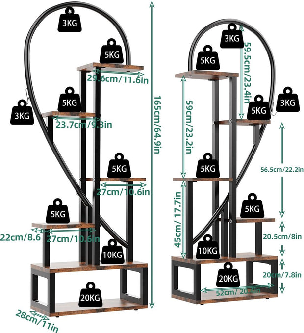 Plantenstandaard Hartvormig - Plantenrek - Plantentafel - Voor Binnen en Buiten - 112x28x165 cm - Zwart/Bruin
