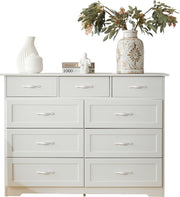 Witte Ladekast met 9 Lades – Grote Opbergkast 120x40x88 cm – Gelakt Halmeubel met Golvend Design en Slagvaste Hoeken – Voor Woonkamer, Badkamer of Slaapkamer