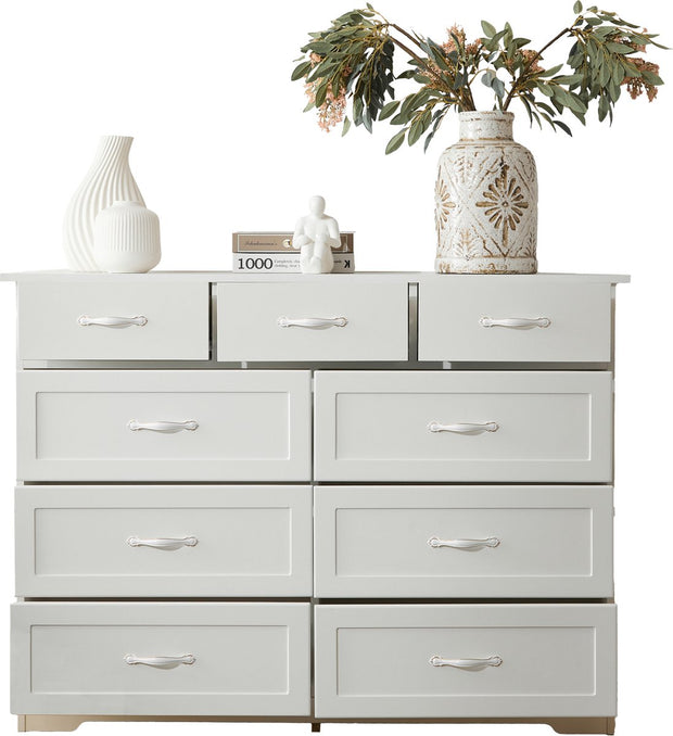 Witte Ladekast met 9 Lades – Grote Opbergkast 120x40x88 cm – Gelakt Halmeubel met Golvend Design en Slagvaste Hoeken – Voor Woonkamer, Badkamer of Slaapkamer