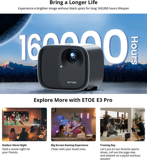 E3 Pro-projector, 500 ANSI, native 1080P, 4K-decodering, Android TV, autofocus en keystone-correctie - EU-stekker