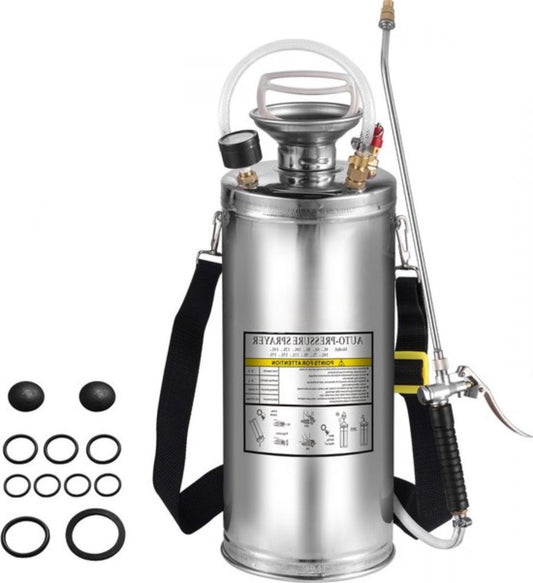 Ontkruidsproeier - Rugspuit - Ergonomisch - variabele Spray - RVS sproeier - Handpompsproeier - met drukmeter en veiligheidsventiel - Verstelbare sproeier voor tuinieren en ontsmetting - 8L - Zilver