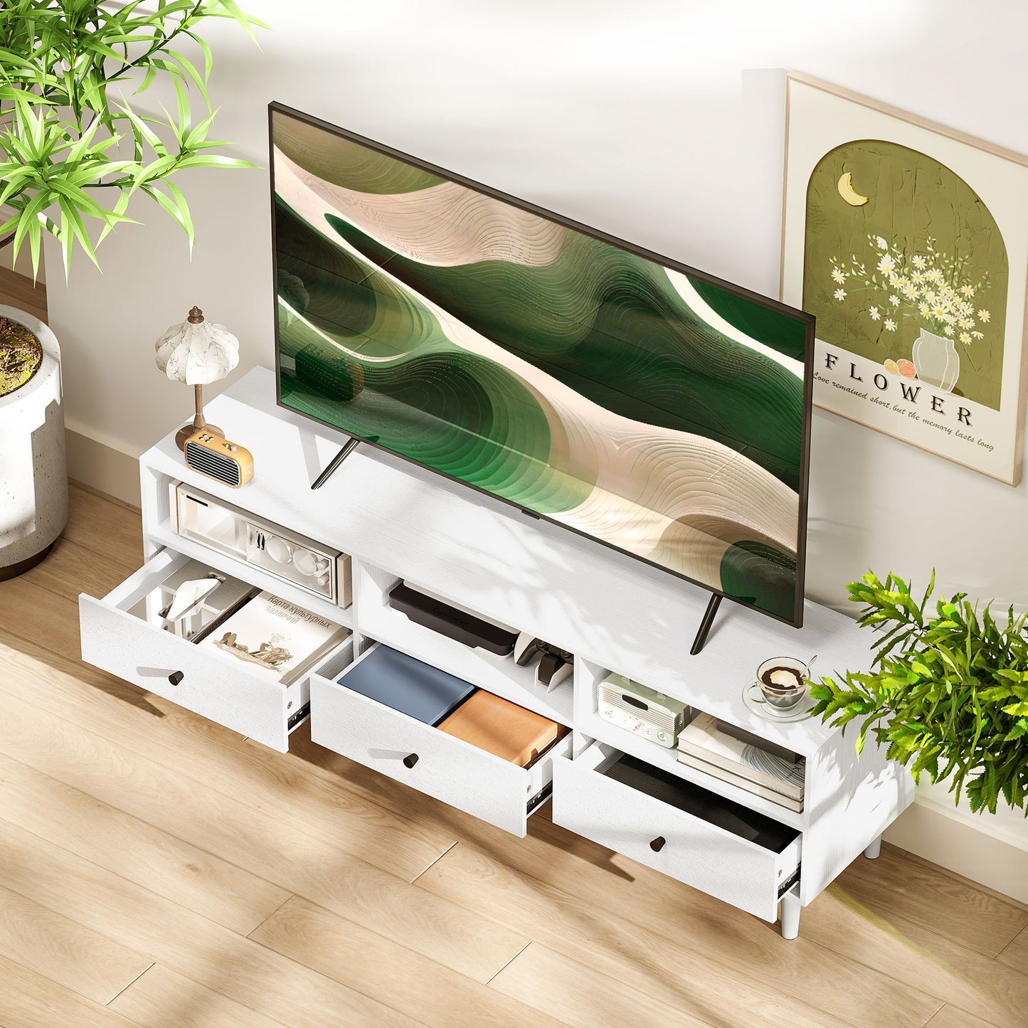 Tv-meubel – TV-kast – Televisiekast – TV-dressoir – Media-meubel – Voor televisies tot 75 inch – Met 3 lades en 3 open planken – Kabelmanagement – Wit spaanplaat