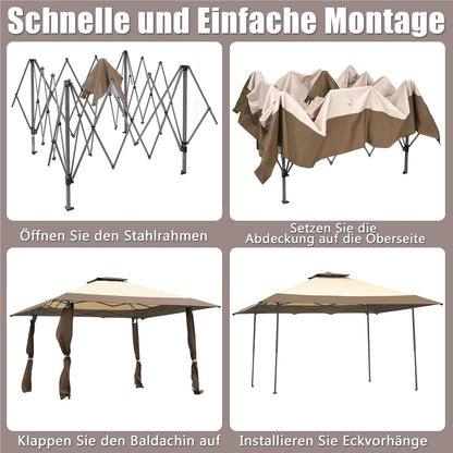 Paviljoen – Tuinpaviljoen – Tuintent – Gardentent – Pavilion 4x4m – Waterdicht – Dubbel Dak – UV Bescherming 50+ – Stevig Stalen Frame – Opvouwbaar Met Trolleytas – Winterbestendig – Bruin-Beige