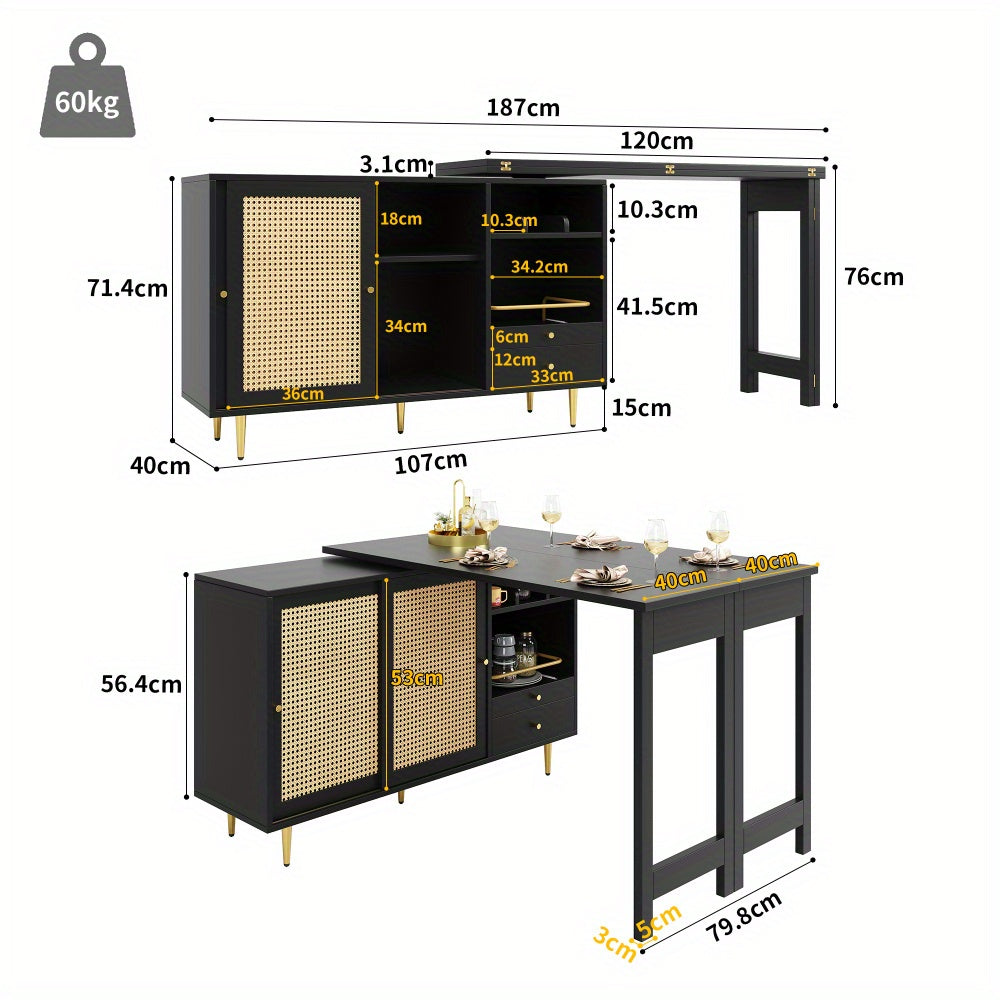 Uitklaptafel – Klaptafel – Vouwtafel – Bartafel – Eettafel – 360° Draaibaar – Uitschuifbaar Met Opbergruimte Rieten Deuren – Compact Modern Design – Duurzaam Niet-Hout Materiaal