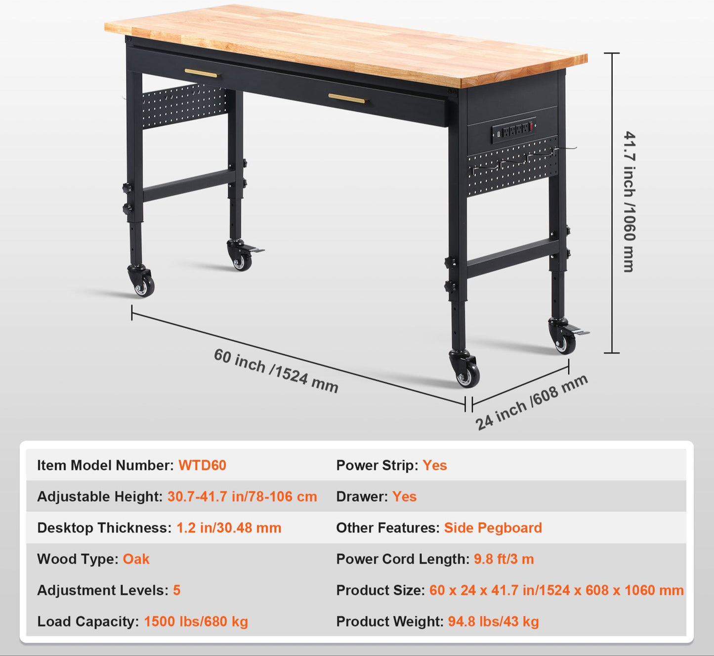 Werkbank – Werktafel – Werkbank Op Wielen – Werkplekken – Klusbank – Verstelbare Hoogte 78-106 cm – Ingebouwd Stopcontact & Lade