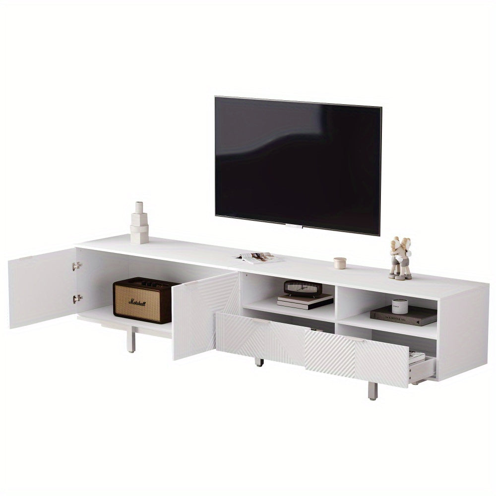 A Contemporary Bohemian-Style TV Stand Featuring Abstract White Geometric Patterns, Designed with Minimalist Cabinet Doors And Ample Storage Space. Its Dimensions Are 200 Cm by 40 Cm by 51 Cm, Suitable for a TV Up to 90 Inche