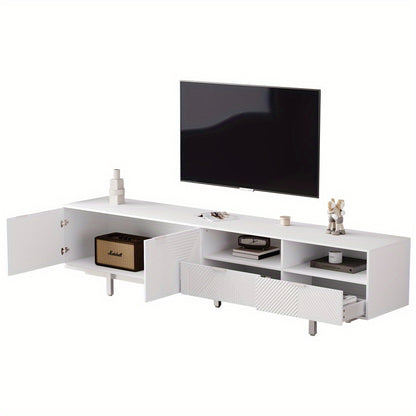 A Contemporary Bohemian-Style TV Stand Featuring Abstract White Geometric Patterns, Designed with Minimalist Cabinet Doors And Ample Storage Space. Its Dimensions Are 200 Cm by 40 Cm by 51 Cm, Suitable for a TV Up to 90 Inche