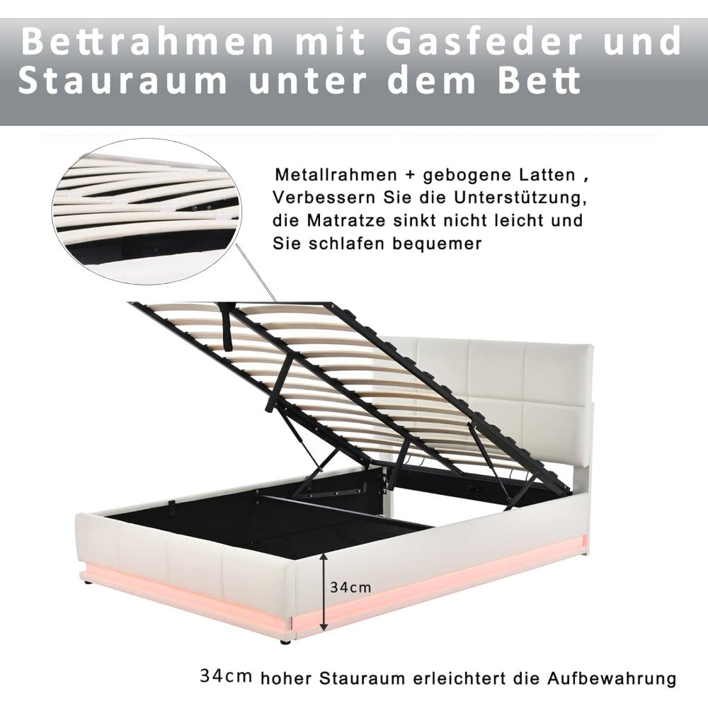 Boxspring Bed – Tweepersoonsbed – Opbergbed – LED Bed – Kunstleer Bed – 140x200 cm – Hydraulisch Opzetmechanisme – 16 Kleuren LED-verlichting