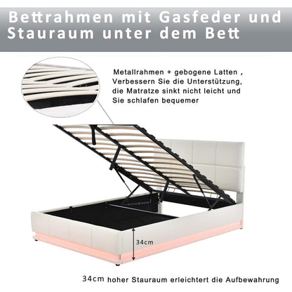 Boxspring Bed – Tweepersoonsbed – Opbergbed – LED Bed – Kunstleer Bed – 140x200 cm – Hydraulisch Opzetmechanisme – 16 Kleuren LED-verlichting