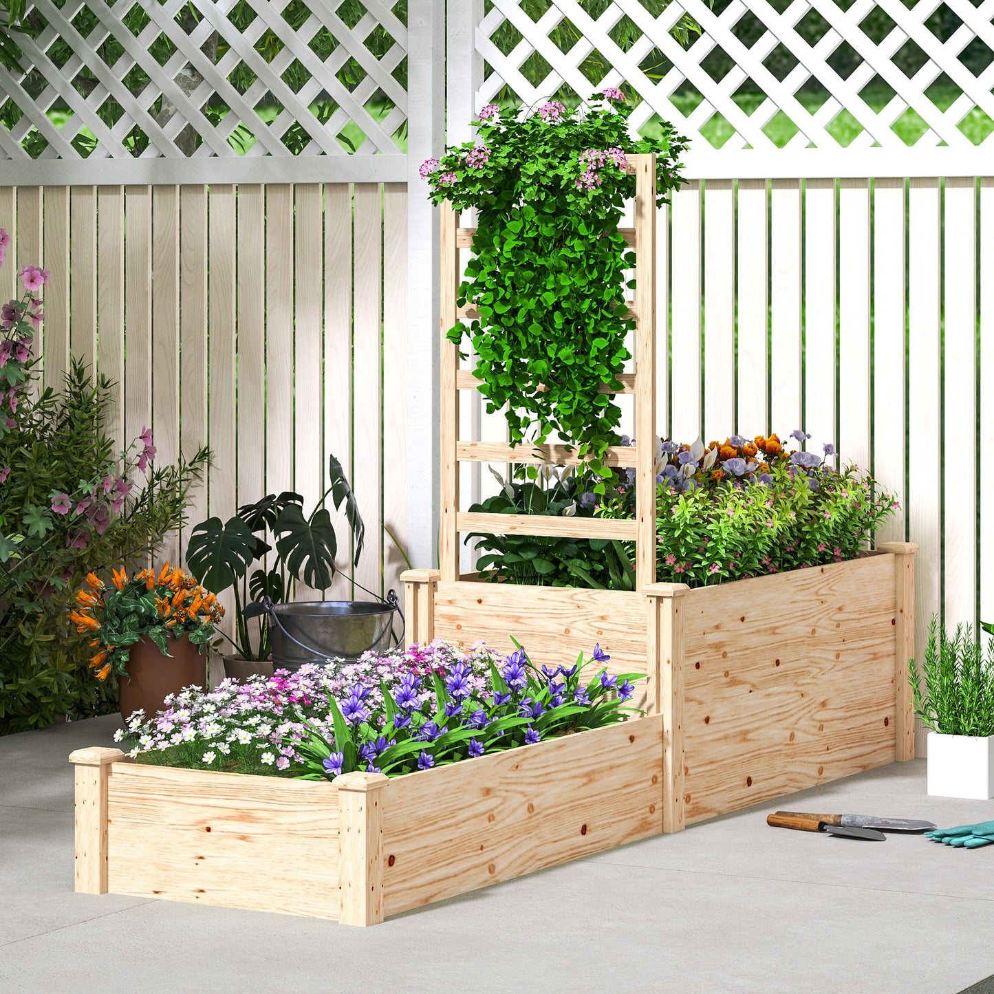 Tuinbak – Plantenbak – Bloembak – Plantenbak Hout – Verhoogde Plantenbak – Natuurlijk Hout – Met Trellis – 222 x 63 x 132 cm – Open Bodem voor Optimale Drainage