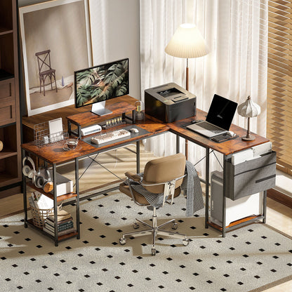L-vormig Bureau – Hoekbureau – Thuiswerkplek Bureau – Werktafel – Computerbureau – Verstelbare Planken – Ergonomische Monitorstandaard – Rustieke Bruine Afwerking