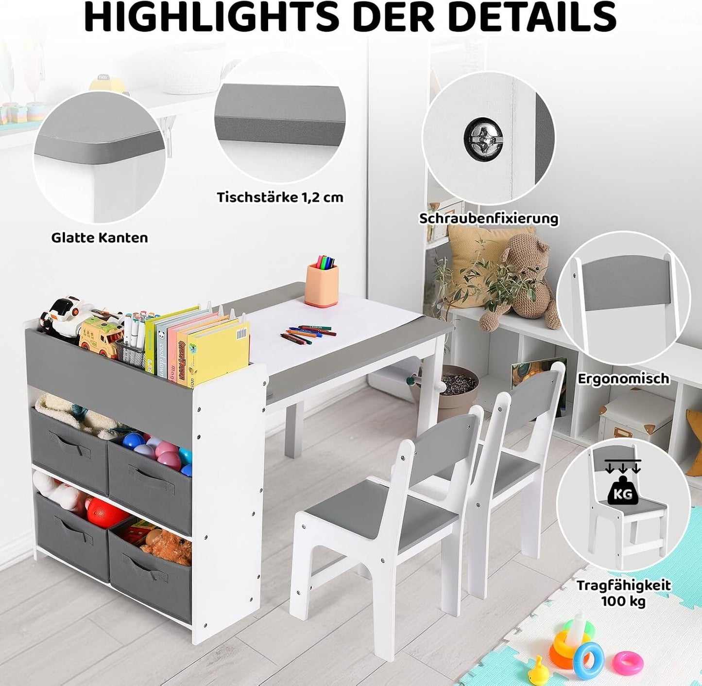 Kindertafel – Kinderbureau – Speeltafel – Knutseltafel – Tafel Met Stoelen – Inclusief Papierrolhouder – Duurzaam MDF-hout - Grijs - QUORE