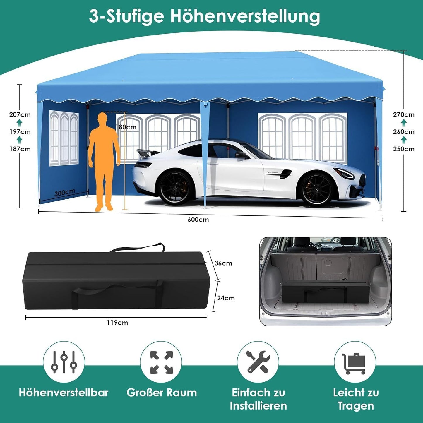 Partytent – Pop-Up Tuinfeesttent – Tuinoverkapping – Schaduwtent – Markttent – Waterdicht 420D Oxford – Verstelbare Hoogte - 3x6m - Blauw