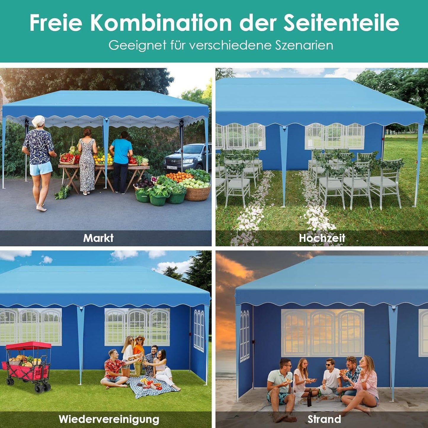 Partytent – Pop-Up Tuinfeesttent – Tuinoverkapping – Schaduwtent – Markttent – Waterdicht 420D Oxford – Verstelbare Hoogte - 3x6m - Blauw