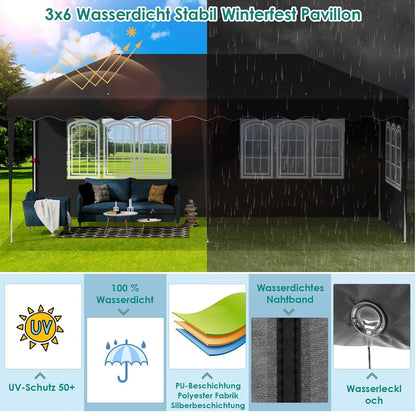 Partytent – Pop-Up Tuinfeesttent – Tuinoverkapping – Schaduwtent – Markttent – Waterdicht 420D Oxford – Verstelbare Hoogte - 3x6m - Zwart