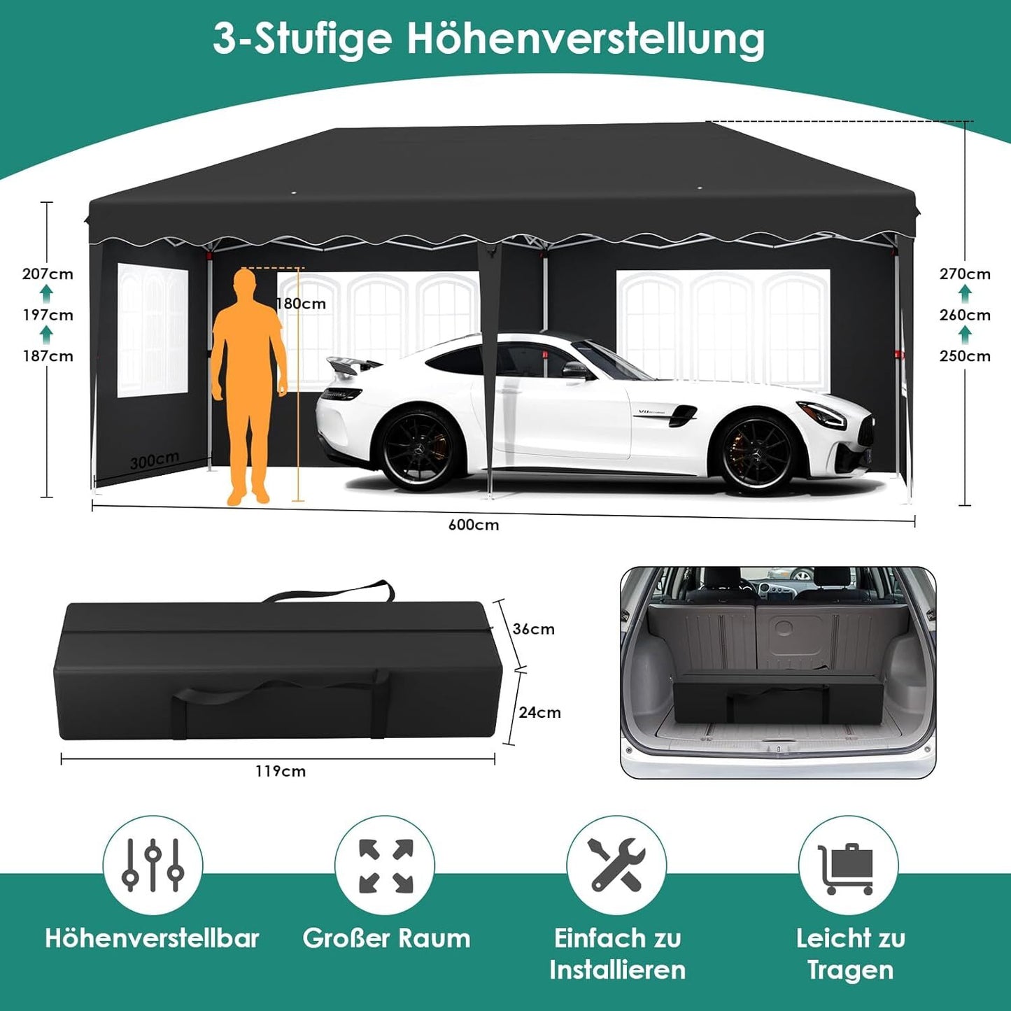 Partytent – Pop-Up Tuinfeesttent – Tuinoverkapping – Schaduwtent – Markttent – Waterdicht 420D Oxford – Verstelbare Hoogte - 3x6m - Zwart