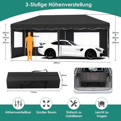 Partytent – Pop-Up Tuinfeesttent – Tuinoverkapping – Schaduwtent – Markttent – Waterdicht 420D Oxford – Verstelbare Hoogte - 3x6m - Zwart