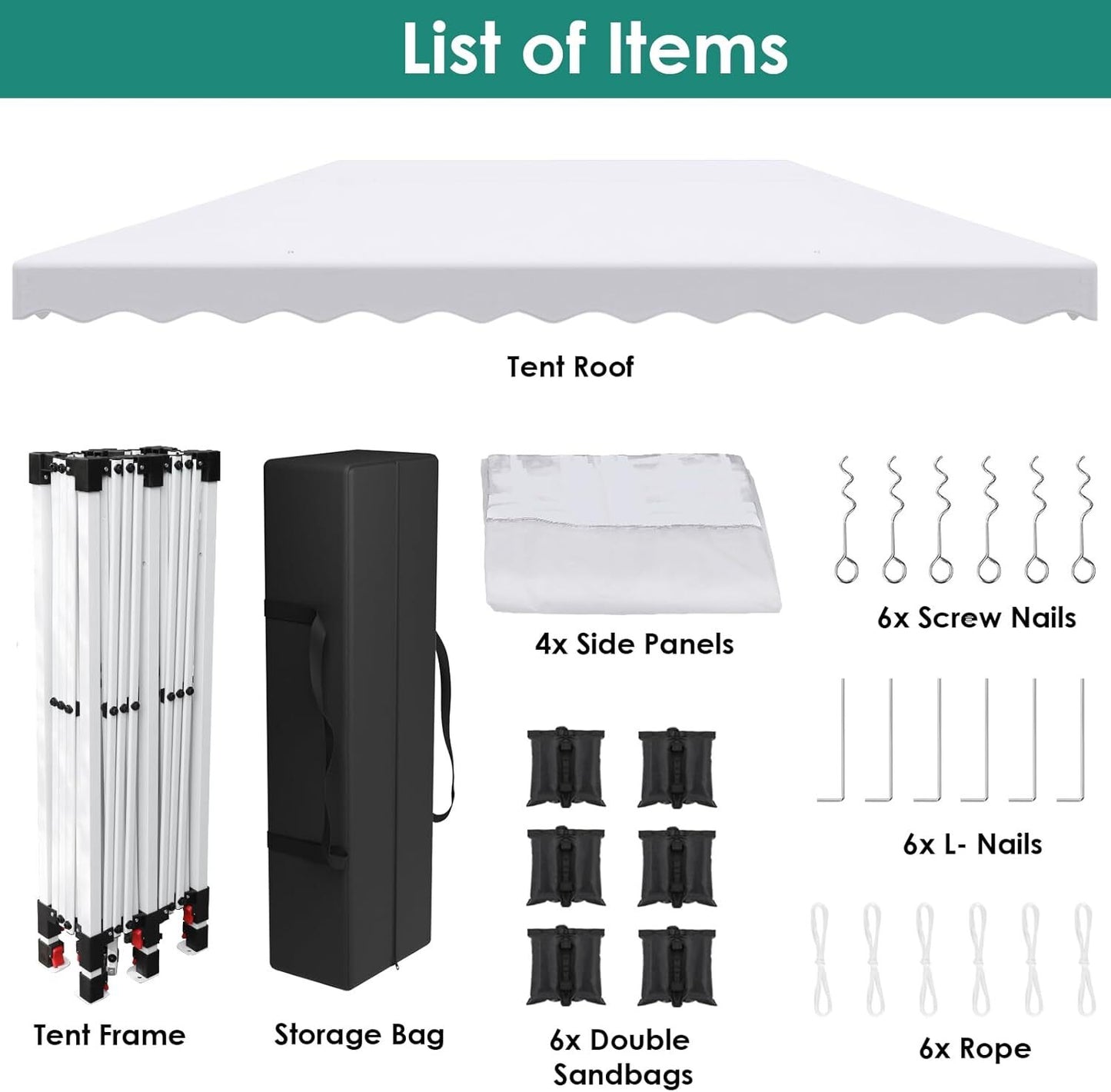 Partytent – Pop-Up Tuinfeesttent – Tuinoverkapping – Schaduwtent – Markttent – Waterdicht 420D Oxford – Verstelbare Hoogte - 3x6m - Wit