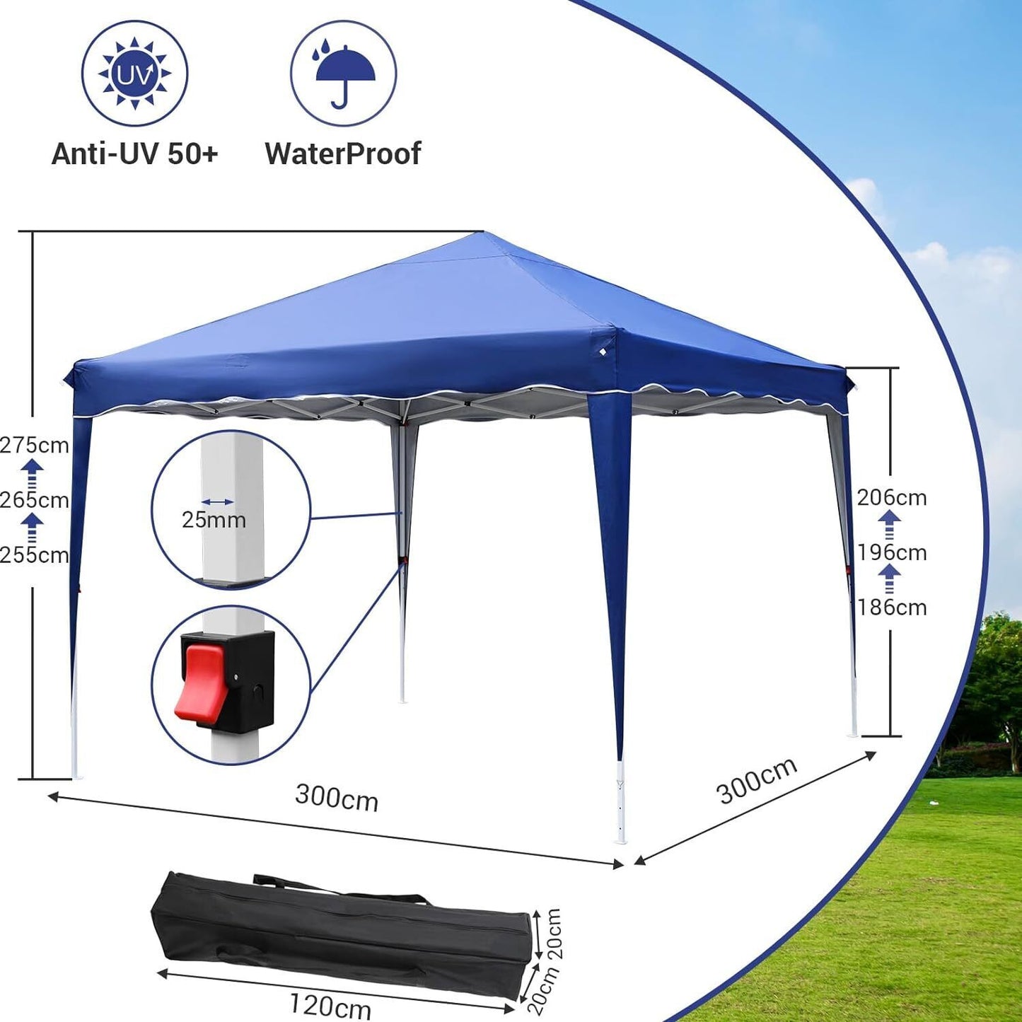 Paviljoen - Tuinpaviljoen - Partytent - Tuintent - Pop-up Kliksysteem - Stabiel - Vouwtent - met 4 zijpanelen - Opvouwbaar - Waterdicht - Hoogte Verstelbaar - 50+UV-Bescherming - voor Tuin - Buiten - Achtertuin - 240D Oxford - 3 x 3 m - Blue