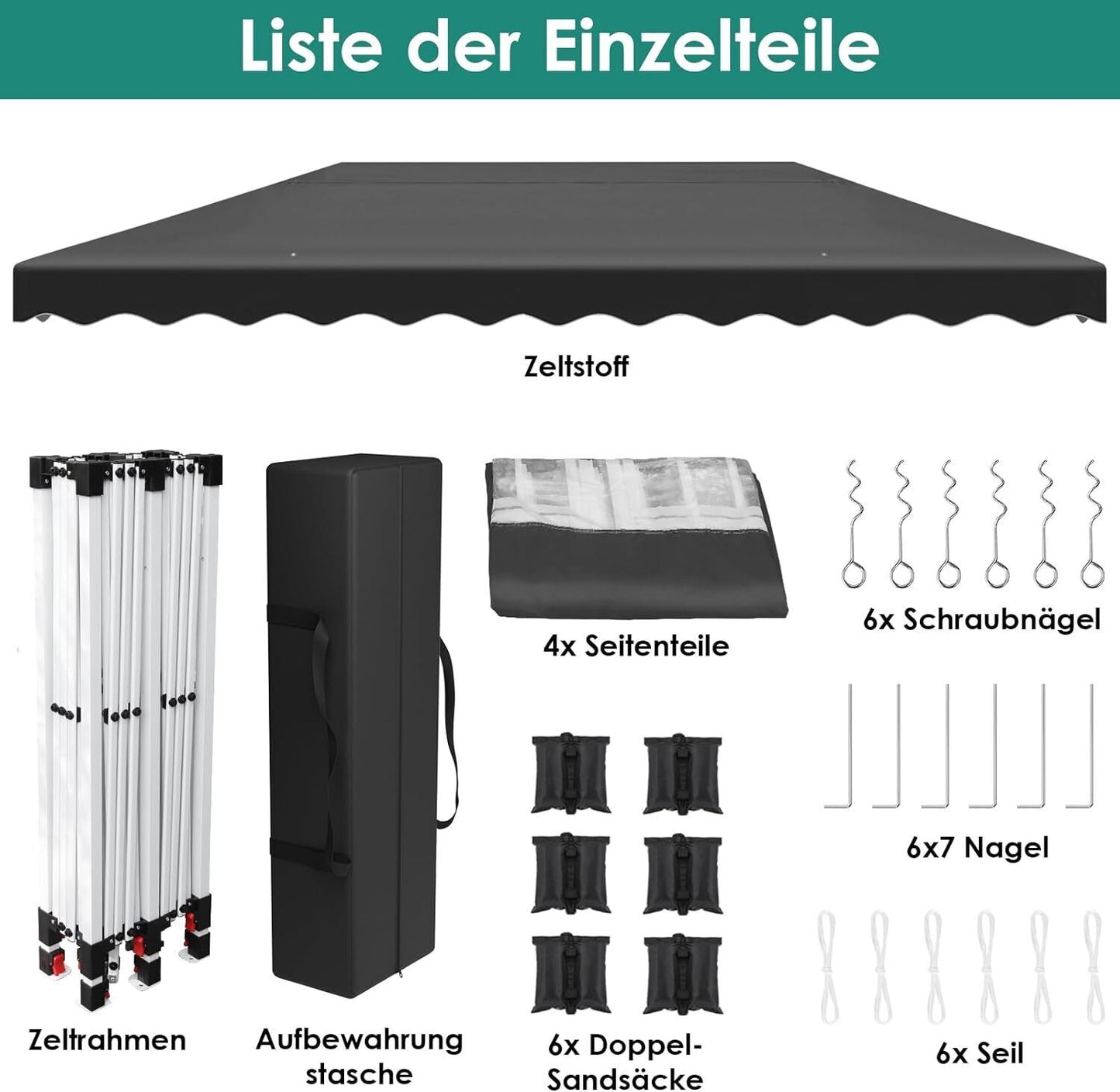 Partytent – Pop-Up Tuinfeesttent – Tuinoverkapping – Schaduwtent – Markttent – Waterdicht 420D Oxford – Verstelbare Hoogte - 3x6m - Zwart