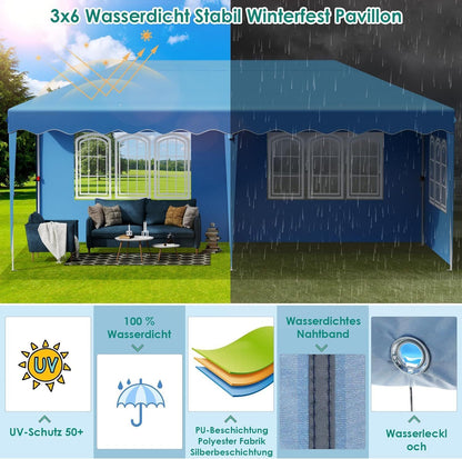 Partytent – Pop-Up Tuinfeesttent – Tuinoverkapping – Schaduwtent – Markttent – Waterdicht 420D Oxford – Verstelbare Hoogte - 3x6m - Blauw
