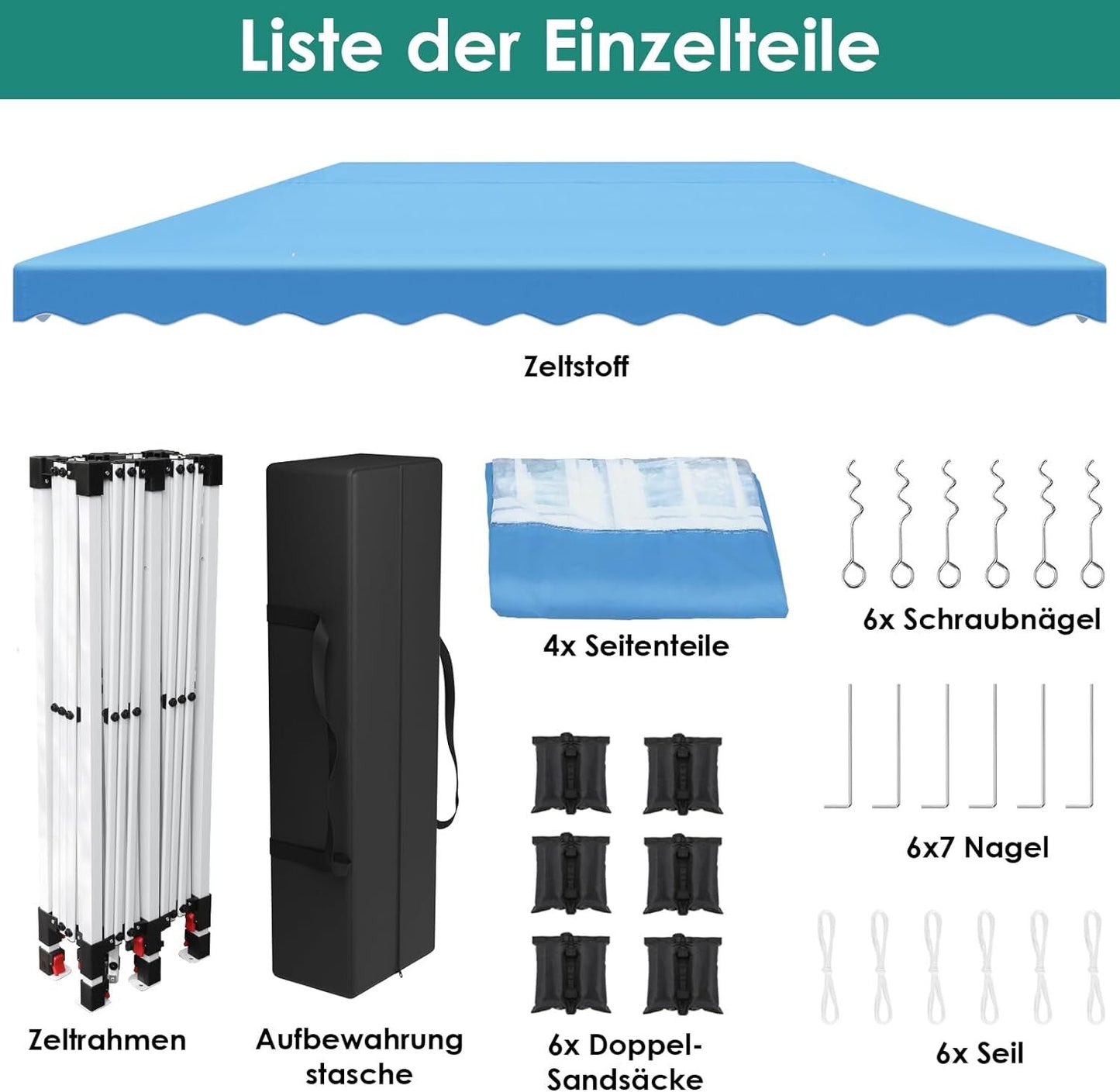 Partytent – Pop-Up Tuinfeesttent – Tuinoverkapping – Schaduwtent – Markttent – Waterdicht 420D Oxford – Verstelbare Hoogte - 3x6m - Blauw