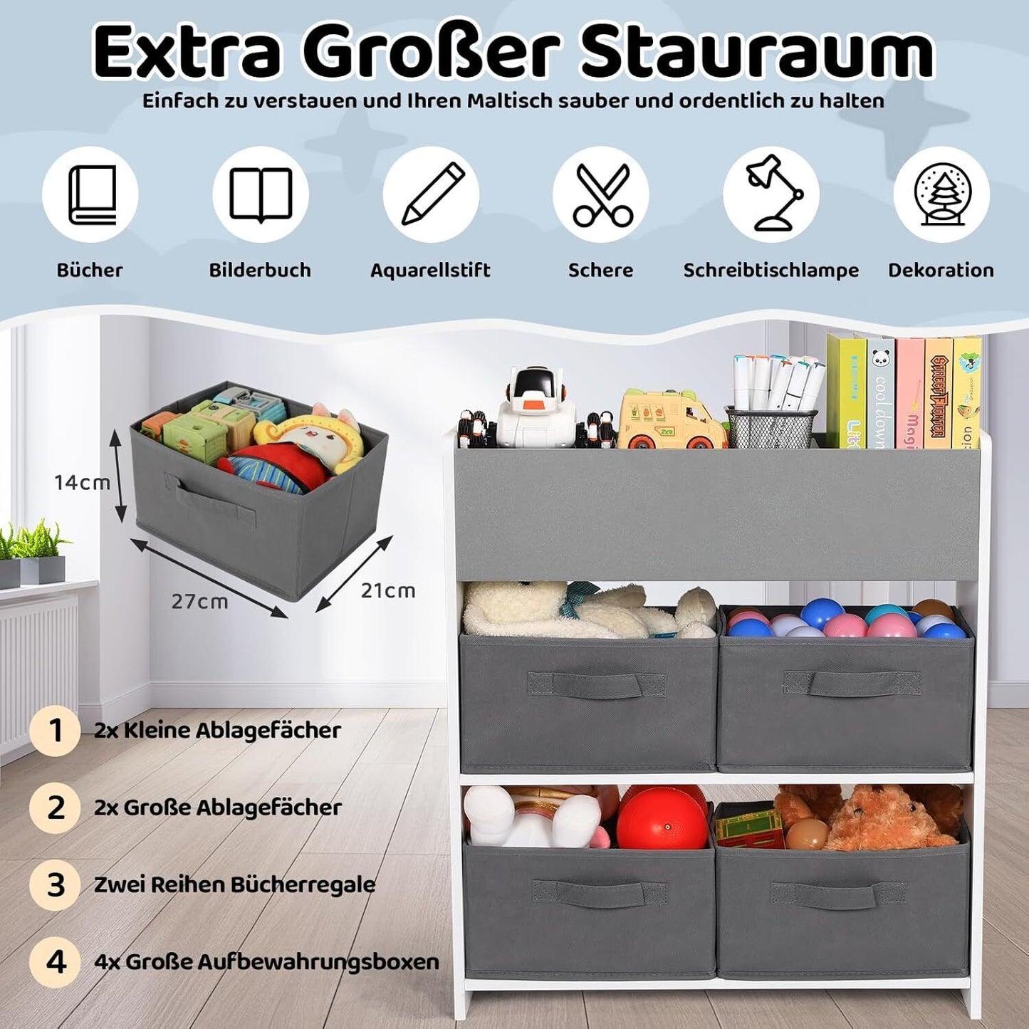 Kindertafel – Kinderbureau – Speeltafel – Knutseltafel – Tafel Met Stoelen – Inclusief Papierrolhouder – Duurzaam MDF-hout - Grijs - QUORE