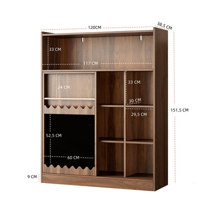 Boekenkast – Boekenrek – Opbergkast – Stellingkast – Vakkenkast – Metalen Boekenkast Retro Bruin – Krijtbord Schuifdeuren – 100 kg Draagkracht – 9 Vakken – Kant-en-klaar – Smal Verticaal Design