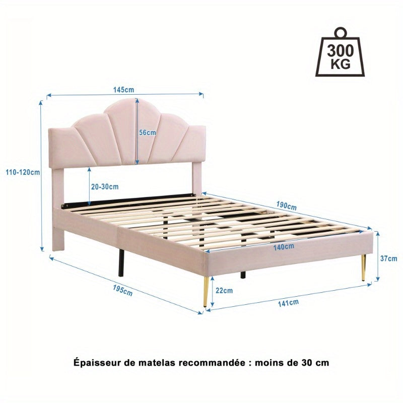 Uitschuifbaar Bed – Tweepersoonsbed – Bedframe – Slaapbank – Bedbodem – 140x190 cm – Velvet Gestoffeerd – Verstelbare Rugleuning met Gouden Poten