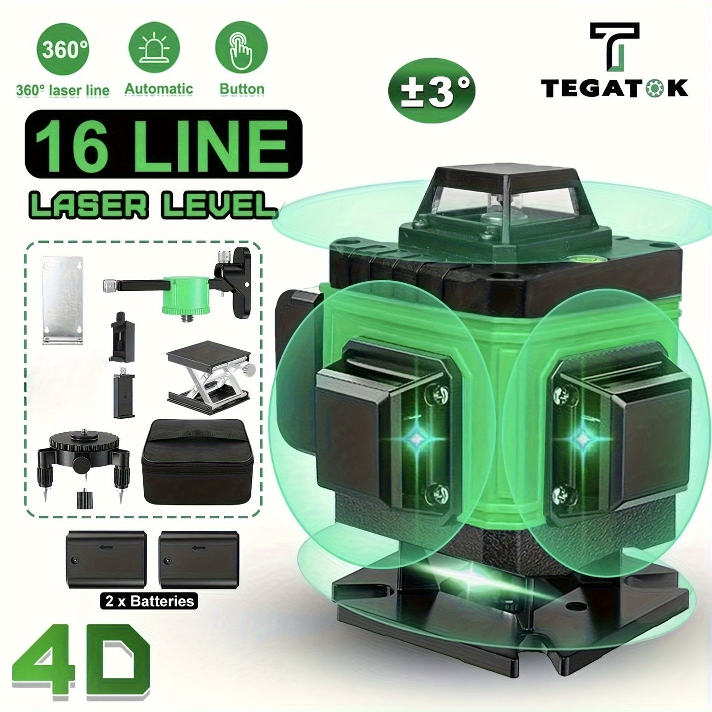 Laserwaterpas – Kruislijnlaser – Bouwlaser – Lijnlaser – Zelfnivellerende 360° Rotatie – 16 Lijnen – Oplaadbare Lithiumbatterij – Metalen Basis