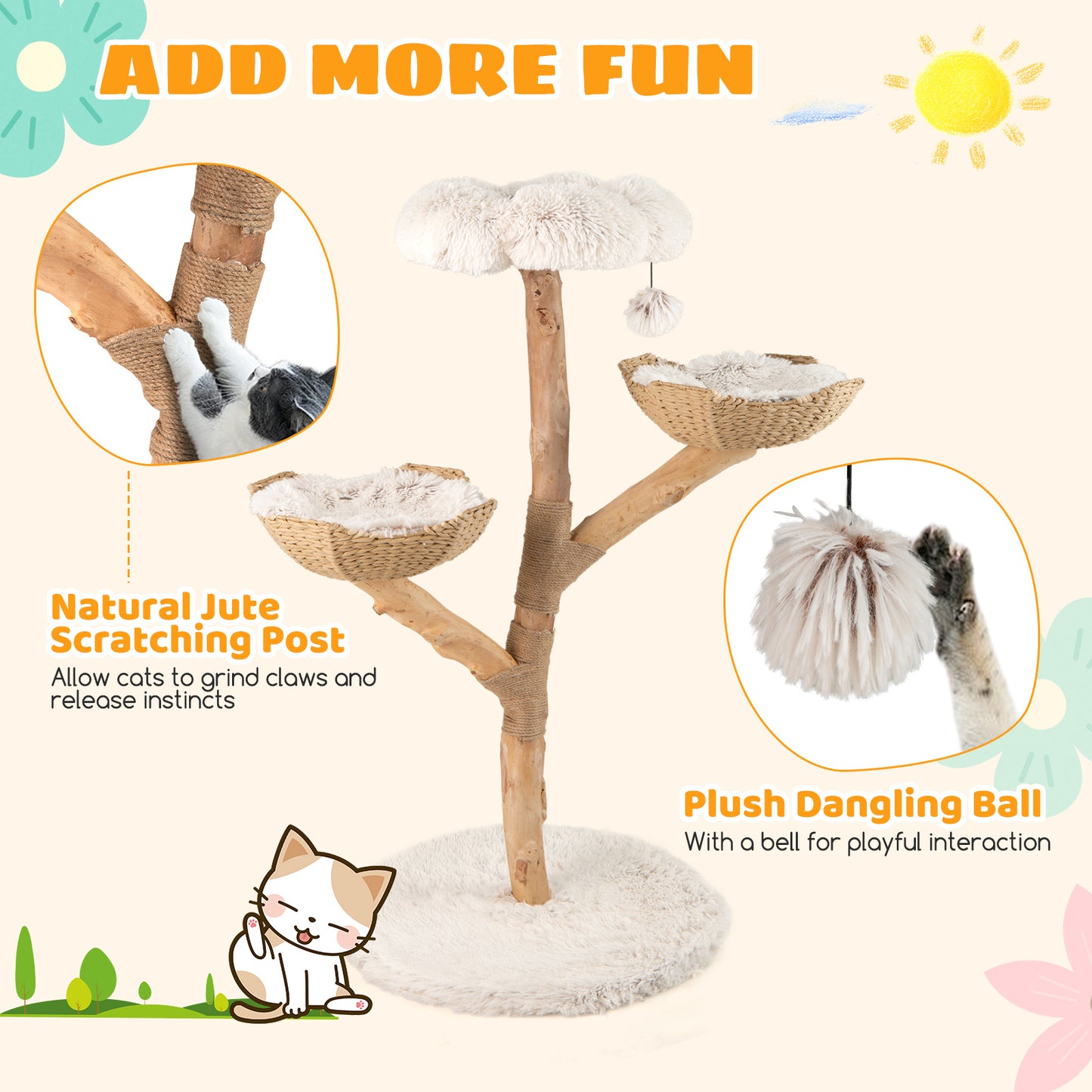Kattenboom – Krabpaal – Kattenmeubel – Kattenhuis – Klimpaal – 122 CM Hoog – Massief Houten Stam Met Rattan Manden