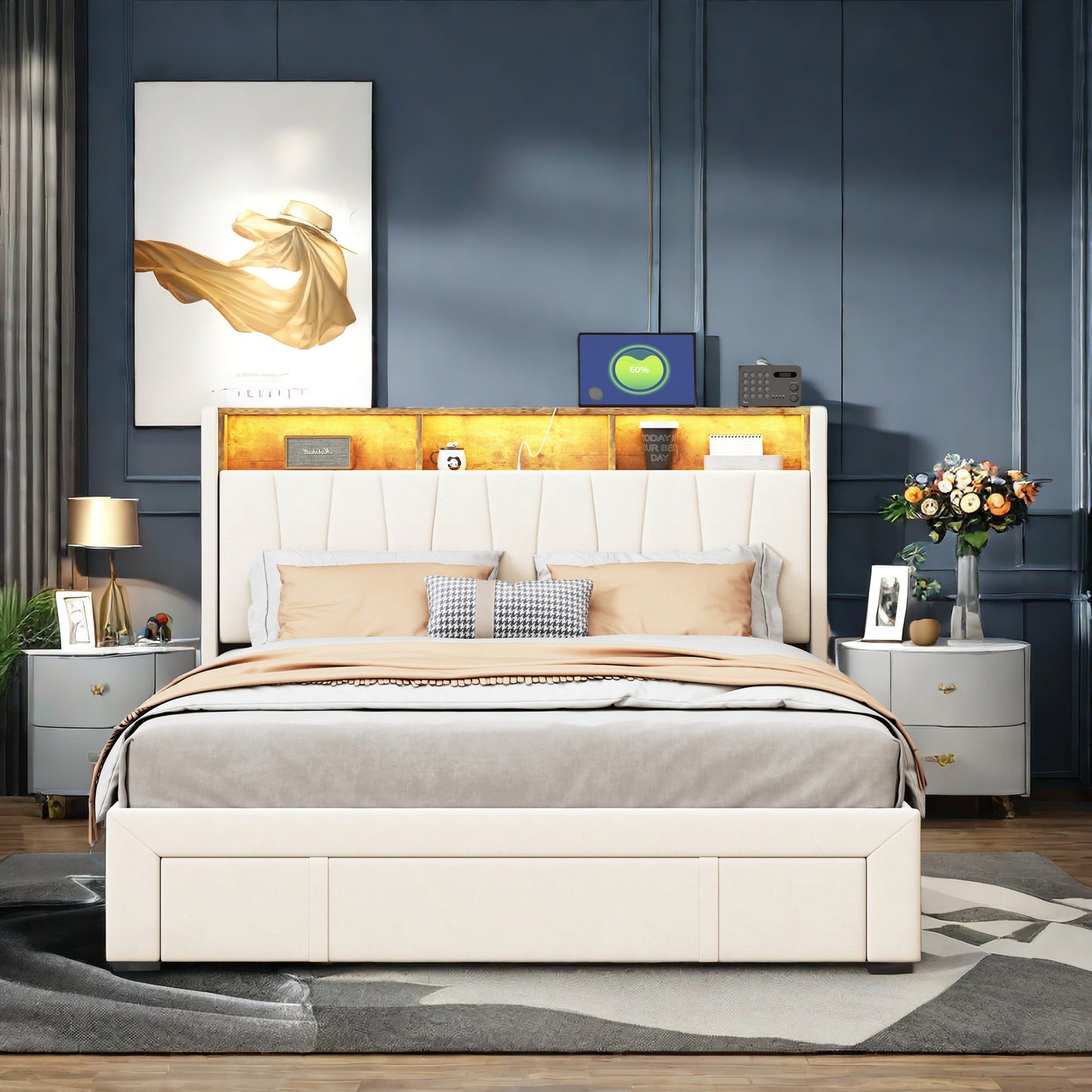 Tweepersoonsbed – Dubbelbed – Queensize Bed – Slaapbank – Bedframe – Fluwelen Bedframe – 160x200 cm – LED Verlichting en USB Poort – 4 Opbergladen