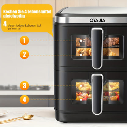 Airfryer – Heteluchtfriteuse – Dubbele Mand – Dubbele Lade – XXL Heteluchtoven – 11L Capaciteit – Verticaal Stapelbaar – PFAS-vrij – 2800W – 10 Kookprogramma’s – Sync & Match Functie