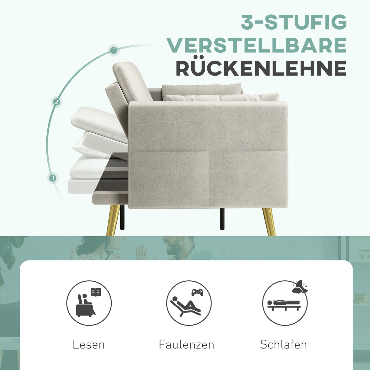 Slaapbank – Bedbank – Zitbank – Logeerbank – 2-Zitsbank – Verstelbare Rugleuning – Velvet Bekleding Beige